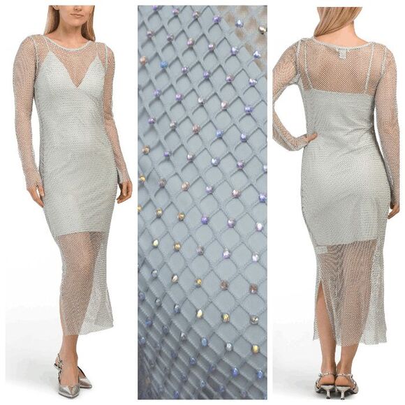 ✨💎 NWT HOUSE OF HARLOW 1960 Long Sleeve Mesh Crystal Rhinestone Maxi Dress Sz S - Picture 4 of 11